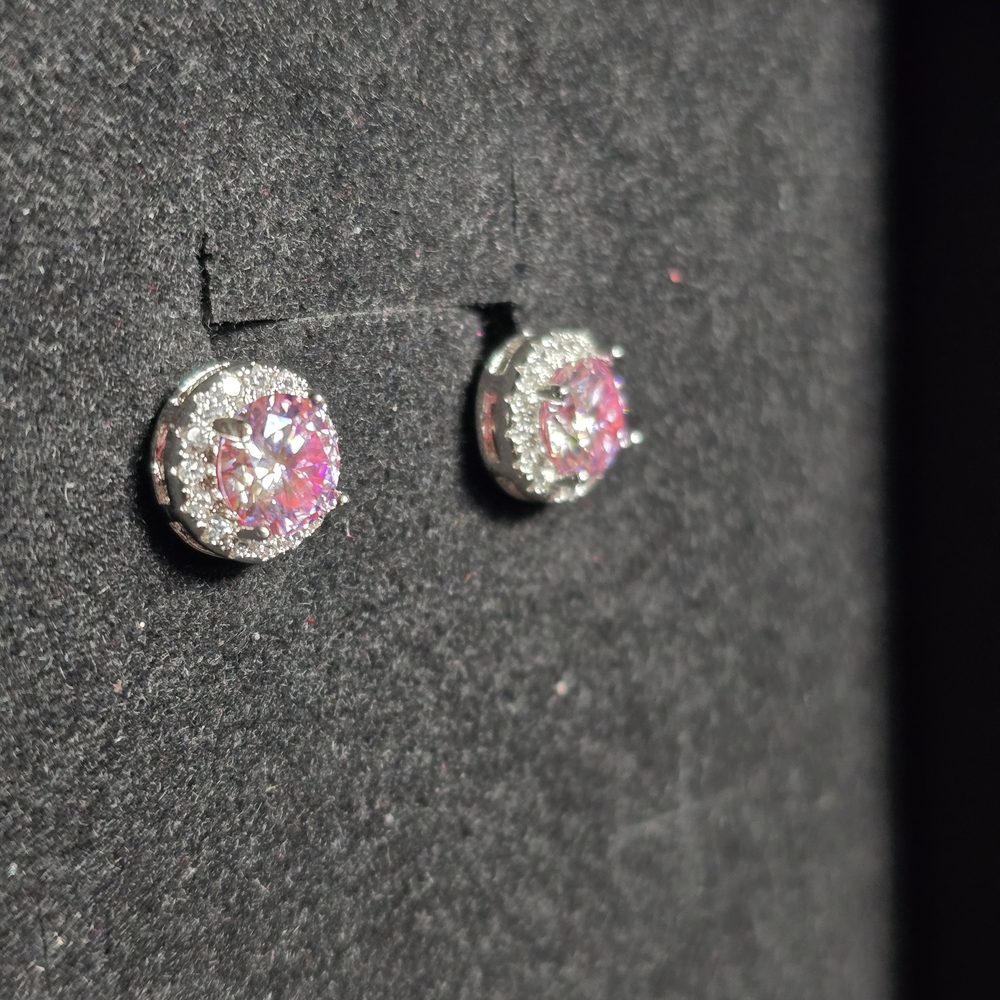 .5 Ct Pink and Silver Moissanite Halo Earrings - Picture 3 of 5